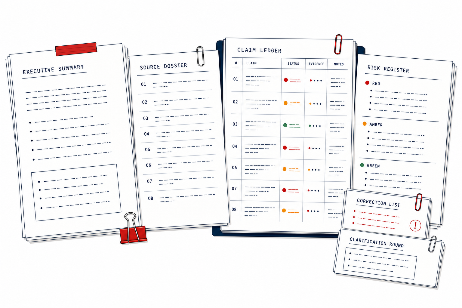 Illustrated audit deliverables including an executive summary, source dossier, claim ledger, and risk register