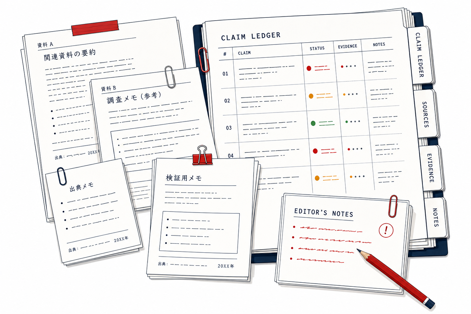 Illustrated audit dossier with Japanese source pages, a claim ledger, evidence markers, and editor notes